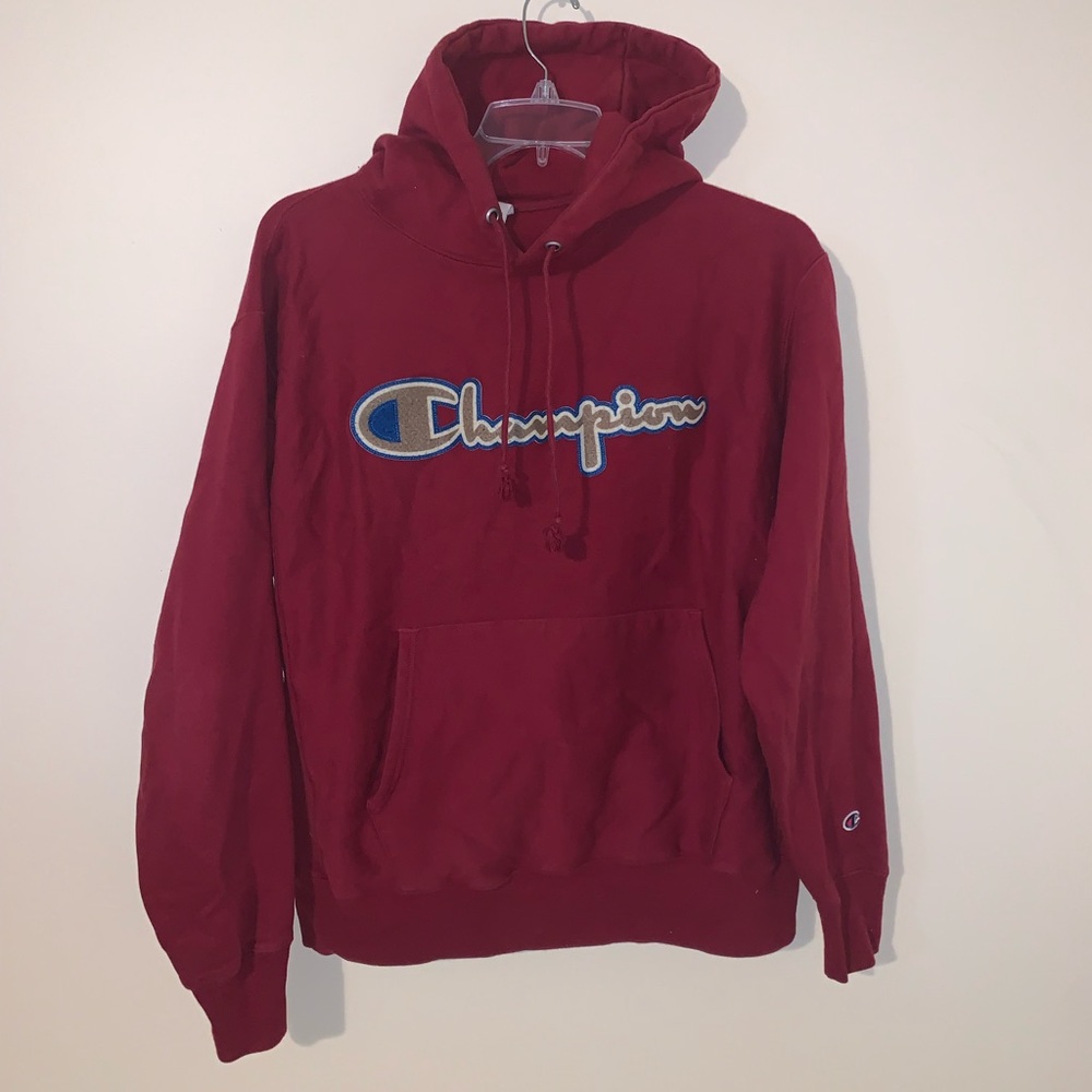 Champion Reverse Weave Hoodie Sweatshirt Maroon Sz L Spellout Logo